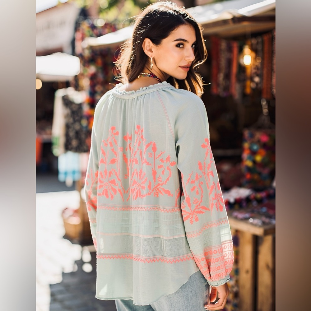 Free People Pink and Teal Blue Blouse - Size XS (Fits Medium) - Picture 3 of 4